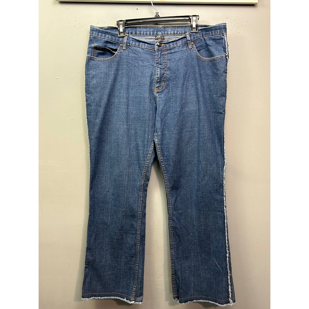 Fubu The‎ Collection Women Size 18 Blue Denim Flare Jeans Distressed Frayed Hem